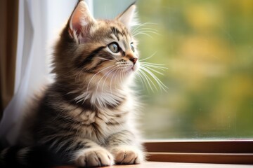 Naklejka premium cute domestic kitten sits at window staring outside