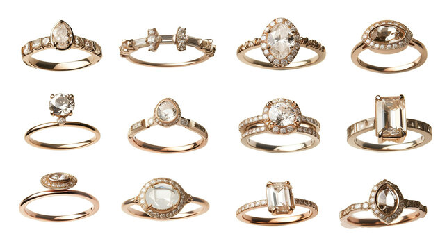 Collection of Elegant Vintage Engagement Diamond Rings Displayed on White Background