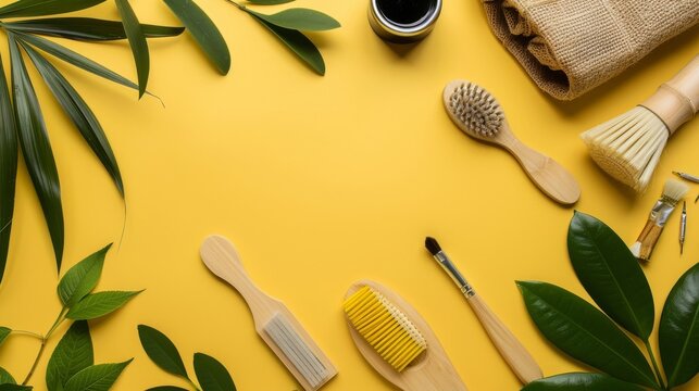A several paint brushes   leaves  and other objects arranged on a yellow background.