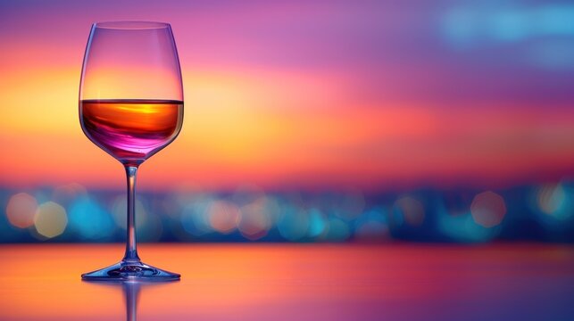  a close up of a wine glass on a table with a blurry city in the backgrounnd of the image and a sunset in the backgroud.