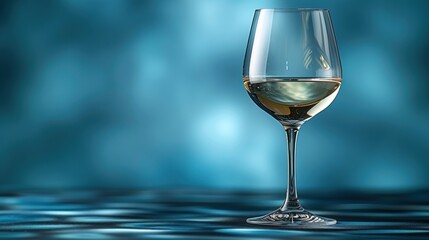  a close up of a wine glass with a liquid inside of it on a blue background with a reflection of the wine in the glass and the wine in the glass.