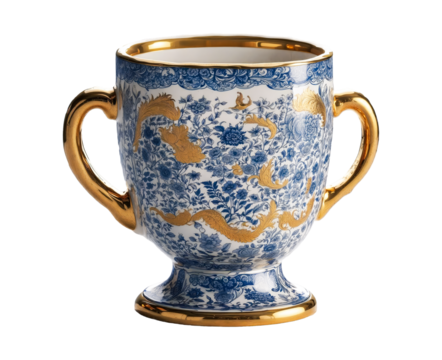 Gold plated porcelain champion cup with blue pattern on isolated background, png. Generative ai