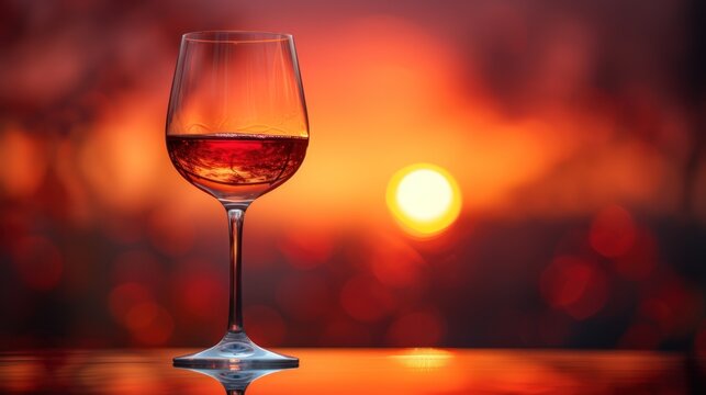  a glass of wine sitting on a table in front of a setting sun with a blurry image of the setting sun in the back ground behind the wine glass.