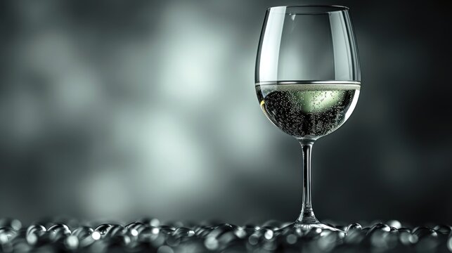  a glass of wine sitting on top of a table next to a black and white picture of a light reflecting off of it's side of the wine glass.