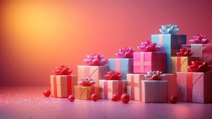  a pile of colorful wrapped presents sitting on top of a pink and red table next to a red and yellow wall and a red and pink background with white polka dot.