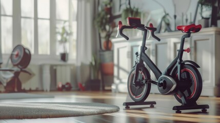 A spinning bike set up in a workout room. 