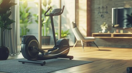 A spinning bike set up in a workout room.  - obrazy, fototapety, plakaty