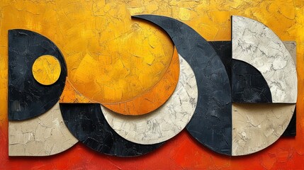  a painting on a yellow and red wall with a black and white letter o and a black and white letter o on the bottom of the letter o and a yellow and red and white letter o on the bottom of the letter o.