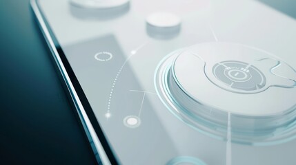 A close-up of a futuristic remote control with buttons on a black background. 