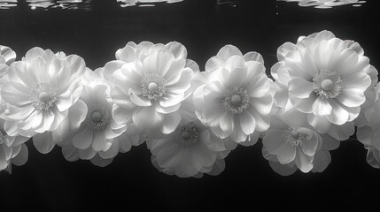  a group of white flowers floating on top of a body of water in a black and white photo with a reflection of the water in the bottom of the picture.