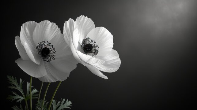  two white flowers are in a vase on a black background with the sun shining through the clouds and the sun shining down on the top of the top of the flowers.