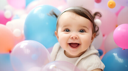 Obraz na płótnie Canvas child with balloons girl with balloons happy birthday party holiday wallpaper