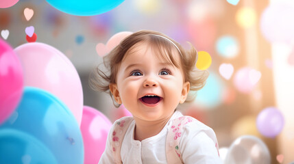 Fototapeta na wymiar child with balloons girl with balloons happy birthday party holiday wallpaper
