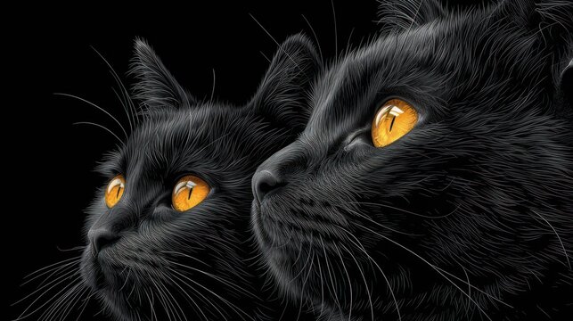  a painting of two black cats with yellow eyes looking off into the distance with one cat's head in the foreground and the other cat's head in the foreground.