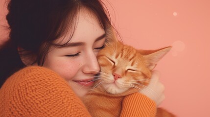  a close up of a woman holding a cat with her eyes closed and her head resting on the arm of a cat that's laying on a woman's chest.