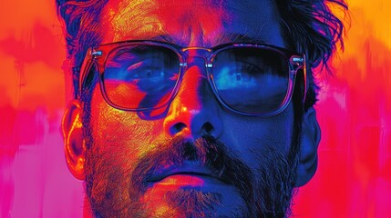  a man with glasses and a beard in front of a red and blue background with the image of a man with a beard in front of a red and blue background.