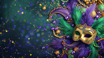 Festive Mardi Gras banner with vibrant purple, green, and gold beads, masks with feathers, and confetti on a glittery background, suitable for design with copy space