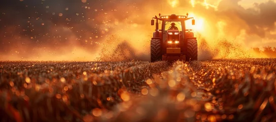 Fotobehang A rugged tractor traverses the vast expanse of a golden field, its powerful wheels kicking up dust as it dominates the open sky above © Larisa AI