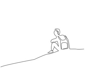 man young exploration backpack nature calm sitting looking one line art design