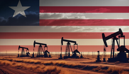 Fototapeta premium Oil production in the Liberia. Oil platform on the background of the Liberia flag. Liberia flag and oil rig. Liberia fuel market.