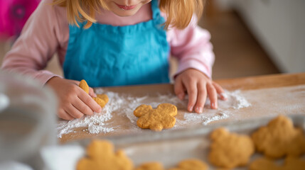 Obraz na płótnie Canvas Toddler girl making hand made dough cookies at home