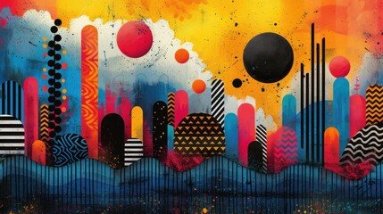  a painting of a cityscape with a lot of different colored shapes and sizes on the side of the wall and a black ball in the middle of the painting.