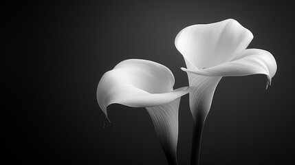  a black and white photo of two white calla lilies on a black background, with a single flower in the center of the photo, and a single flower in the foreground.