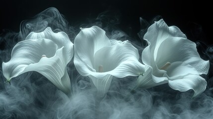  three white flowers surrounded by smoke on a black background in the middle of the picture is a black and white photo of three white flowers in the middle of the photo.