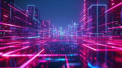 Digital landscape, neon grid over a dark background, reminiscent of retro-futurism, perfect for a computer-themed wallpaper