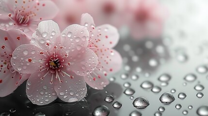  a pink flower sitting on top of a table covered in raindrops with drops of water on the surface of the table and on top of the table is a black surface.