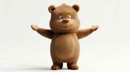 3D rendering of a cute and friendly cartoon bear character with brown fur, looking happy and excited with its arms outstretched in a welcoming gesture - obrazy, fototapety, plakaty