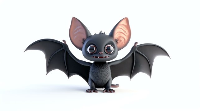 A cute and friendly cartoon bat with big eyes and a furry body. It has its wings spread out and is looking at the viewer with a curious expression.
