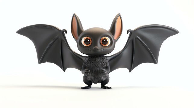 3D rendering of a cute and friendly cartoon bat. The bat has big eyes and a furry body. It is standing on its hind legs and has its wings spread out.