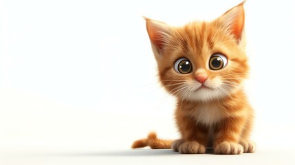 Cute orange kitten sitting on a white background, looking at the camera with big round eyes.