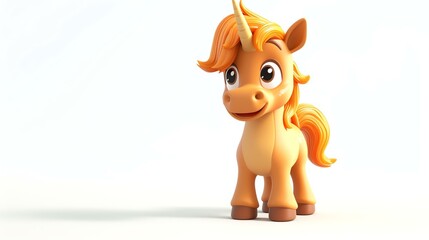3D rendering of a cute and magical unicorn. The unicorn has a golden coat, a long flowing mane and tail, and a single horn on its forehead.