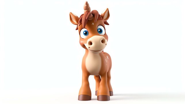 3D rendering of a cute cartoon unicorn. The unicorn is brown with a white mane and tail, and has blue eyes.