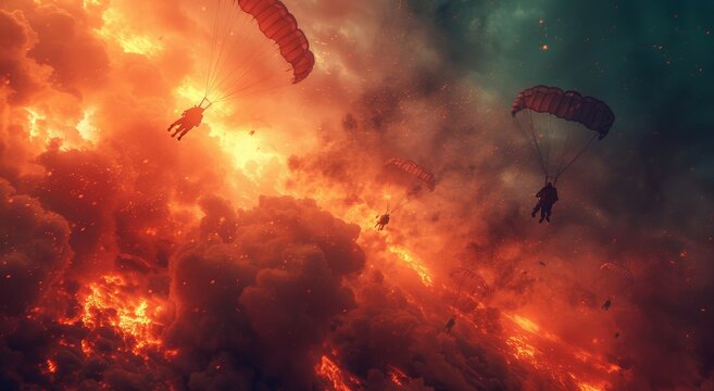 A team of brave skydivers navigate through the intense heat, fiery smoke billowing below them, as they descend gracefully with their parachutes