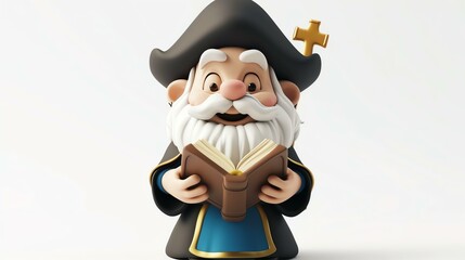3D rendering of a happy priest wearing a black hat with a cross on it. He is wearing a blue robe with gold trim and is holding a book.