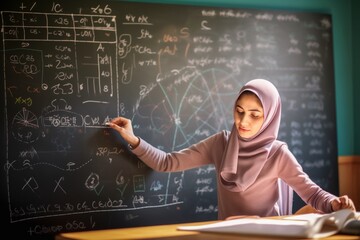 Muslim schoolgirl in hijab solving equations on a blackboard in classroom.