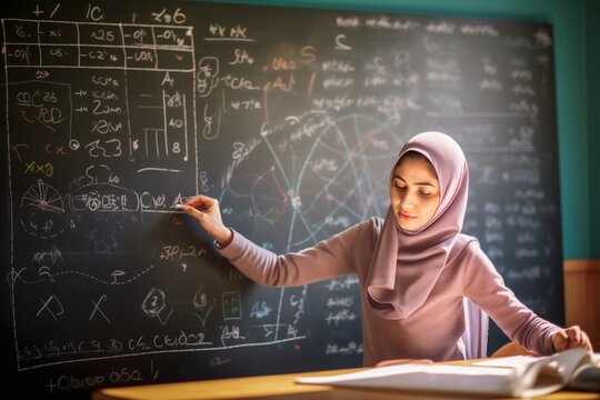 Muslim schoolgirl in hijab solving equations on a blackboard in classroom. - Powered by Adobe