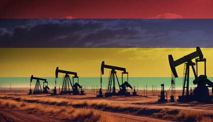 Oil production in the Mauritius. Oil platform on the background of the Mauritius flag. Mauritius flag and oil rig. Mauritius fuel market.