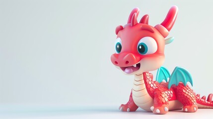 Cute and colorful 3D rendering of a baby dragon with vibrant scales and a friendly expression, sitting on a plain white background with room for text.
