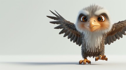 A cute and fluffy baby eagle with big eyes and a playful expression. It is standing on a white surface with its wings spread out. - Powered by Adobe