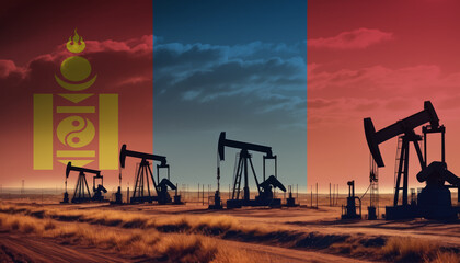 Oil production in the Mongolia. Oil platform on the background of the Mongolia flag. Mongolia flag and oil rig. Mongolia fuel market. - obrazy, fototapety, plakaty