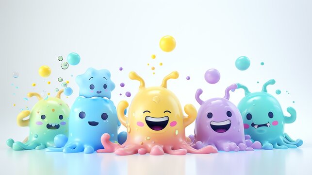 Five cute and colorful cartoon characters. They are all different colors and shapes, and they all have different facial expressions.