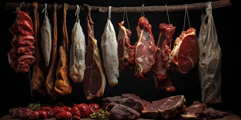 Pieces of dry old meat on a wooden rack. Traditional preparation of dried meat. Generative AI