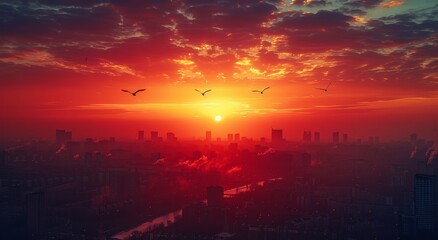A flock of birds soaring above a bustling metropolis, silhouetted against a stunning backdrop of vibrant clouds and the fading glow of the sun as it sets behind towering skyscrapers - Powered by Adobe