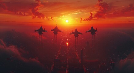 Against a backdrop of vibrant clouds and a setting sun, a squadron of sleek planes soars through the endless expanse of the open sky, embodying the exhilarating freedom of flight - obrazy, fototapety, plakaty