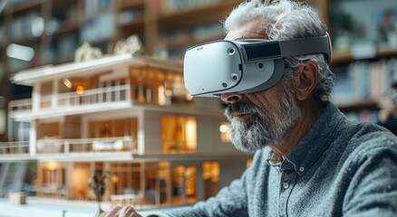 A man immersed in a virtual world, his face hidden behind a vr headset, stands among the towering buildings of the city streets, his clothing and eyewear reflecting the sleek and modern aesthetic of 