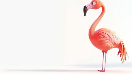 A pink flamingo stands on a white background. The flamingo is looking to the left of the frame.